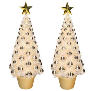 2x stuks kunstkerstbomen compleet met lichtjes en ballen goud 50 cm - Kunstkerstboom