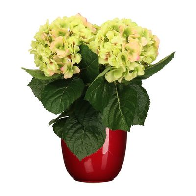 Hortensia kunstplant/kunstbloemen 36 cm - groen/roze - in pot rood glans