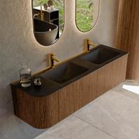 Mondiaz KURVE 155 cm Onderkast Greeploos 2 Lades Met Deuren Walnut, Wastafel Solid Surface Rechts Urban 2 Kraangaten Zonder Spiegel (KRVCLO155L2L1D2KD-Wal/Urb)