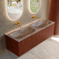 Badmeubel Mondiaz Kurve-Dlux | 140 cm | Meubelkleur Ruby | Wastafelkleur Oza | Solid surface | Wasbak beide zijden spoelbak | Zonder kraangat(en)