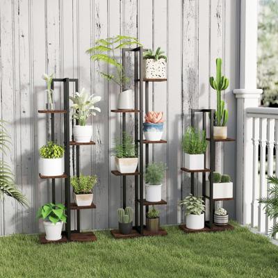3-Delige Plantenstandaardset 4+5+6 Lagen Binnenplantenplanken Bloemenhoekplanken met Anti-Kantelvoorzieningen Bruin