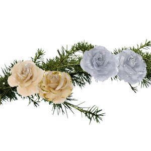 Set van 4x stuks decoratie bloemen rozen goud en zilver op clip 9cm