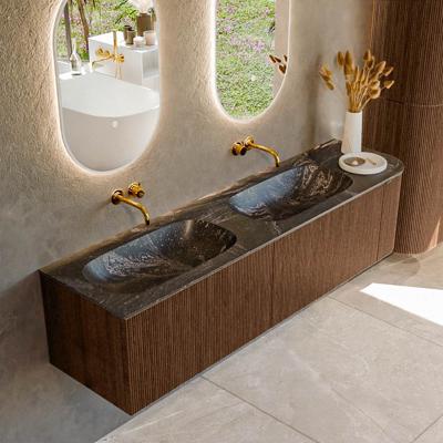 Badmeubel Mondiaz Kurve-Dlux | 175 cm | Meubelkleur Walnut | Wastafelkleur Lava | Solid surface | Dubbele spoelbak | Zonder kraangat(en)
