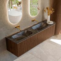 Badmeubel Mondiaz Kurve-Dlux | 175 cm | Meubelkleur Walnut | Wastafelkleur Lava | Solid surface | Dubbele spoelbak | Zonder kraangat(en)
