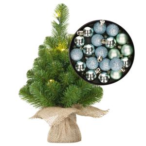 Mini kunst kerstboom - H45 cm - met verlichting en kerstballen - mintgroen - kunstboom