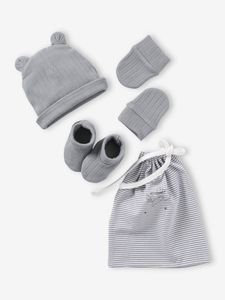 Kabelgebreide set muts + wanten + slofjes + babytas voor babymeisjes grijsblauw