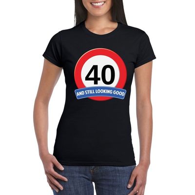 Verkeersbord 40 jaar t-shirt zwart dames Verkeersbord 40 jaar t-shirt zwart dames