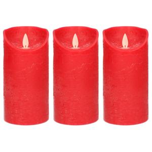 Led kaars/stompkaars - 3x - rood - H15 x D7,5 cm - wax - warm wit licht - bewegende vlam