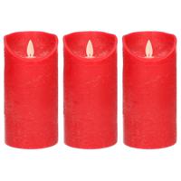 Led kaars/stompkaars - 3x - rood - H15 x D7,5 cm - wax - warm wit licht - bewegende vlam