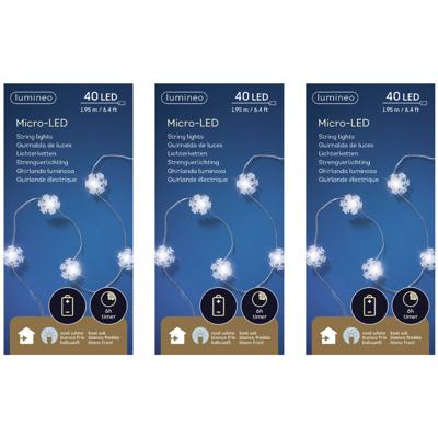 Sneeuwvlokken lichtsnoer - 3x - wit - 40 led lampjes - timer - batterij 195 cm - sneeuw verlichting