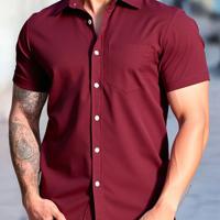 Bon&Bon Men's Short Sleeve Button Up Shirt - Black Business Regular Fit Burgundy / M