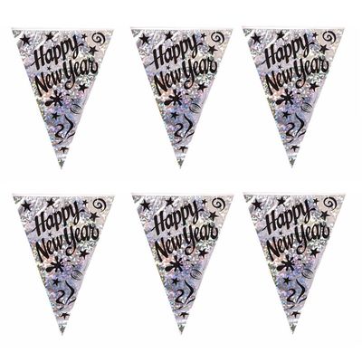 2x stuks vlaggenlijn / slinger Happy New Year holografisch 3.6 meter