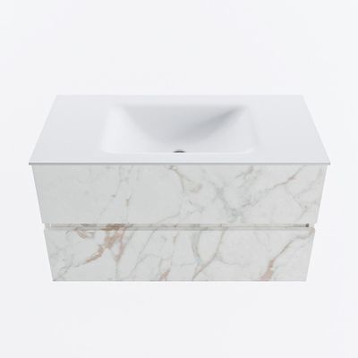 MONDIAZ VICA 90cm badmeubel onderkast Carrara 2 lades. Wastafel CLOUD midden 1 kraangat, kleur Talc.