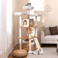 168CM Kattenboom met 3 Gevoerde Platforms Condo Sisal Krabpalen Ladder Hangende Ballen Wasbare Kussens voor Binnenkatten