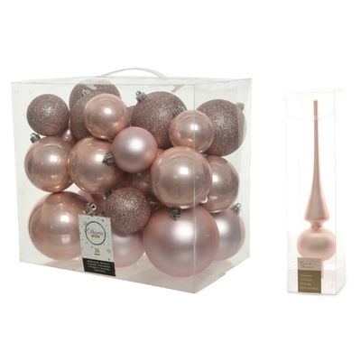 Kerstversiering kunststof kerstballen met piek lichtroze 6-8-10 cm pakket van 27x stuks