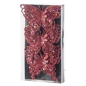 3x Kerstboomversiering vlinders op clip glitter rood 11 cm   -