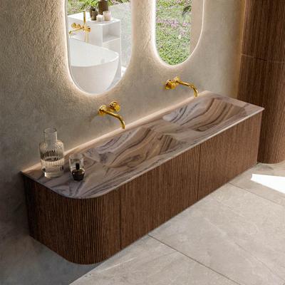 Badmeubel Mondiaz Kurve-Dlux | 155 cm | Meubelkleur Walnut | Wastafelkleur Sombra | Solid surface | Dubbel / Rechts spoelbak | Zonder kraangat(en)