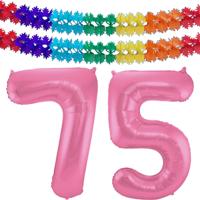 Folat Verjaardag Leeftijd folieballon - 75 jaar - roze - 86 cm - incl 2x slingers