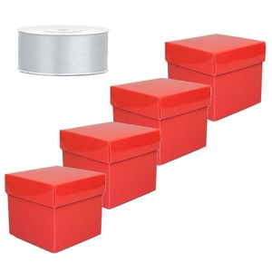 Set 4 cadeaudoosjes rood 10 x 10 cm / zilver sierlint 25 meter