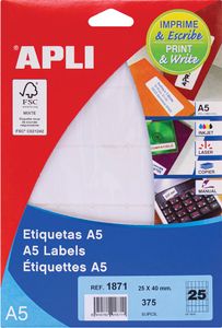 Apli witte etiketten Print & Write ft 25 x 40 mm (b x h), 375 stuks, 25 per blad (1871)