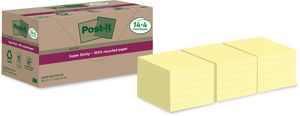 Post-it Super Sticky Notes Recycled, 70 vel, ft 76 x 76 mm, geel, 14 + 4 GRATIS