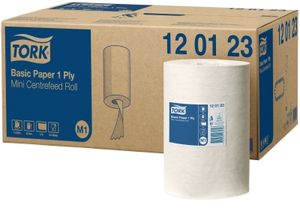 Tork Universal Basic Mini poetspapier, centerfeed, 1-laags, systeem M1, wit, doos van 11 rollen