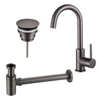 Fortifura Calvi Wastafelkraanset - hoge wastafelkraan - draaibare uitloop - always open plug - verlaagde design sifon - Geborsteld Gunmetal PVD SW809350/SW769487/SW767295
