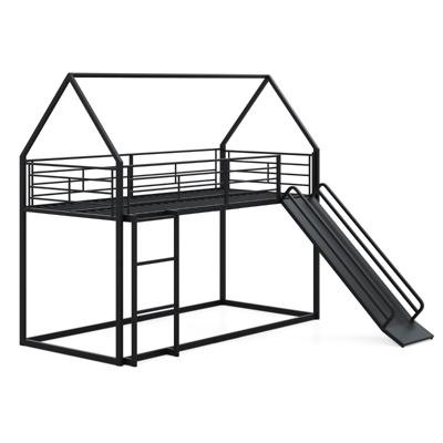 Huis-etagenbed met Glijbaan Laag Etagenbedframe met Veiligheidsreling & Ladder Hoogslaper 200 x 90 cm Zwart
