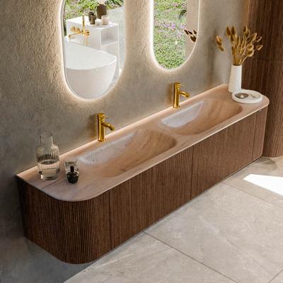 Badmeubel Mondiaz Kurve-Dlux | 190 cm | Meubelkleur Walnut | Wastafelkleur Saba | Solid surface | Wasbak beide zijden spoelbak | 2 kraangaten
