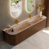 Badmeubel Mondiaz Kurve-Dlux | 190 cm | Meubelkleur Walnut | Wastafelkleur Saba | Solid surface | Wasbak beide zijden spoelbak | 2 kraangaten