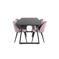 IncaBLBL eethoek eetkamertafel uitschuifbare tafel lengte cm 160 / 200 zwart en 4 Velvet eetkamerstal velours roze, - thumbnail
