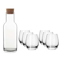 Glazen karaf/schenkkan met kurken dop van 1 liter met 6x stuks drinkglazen/waterglazen 330 ml