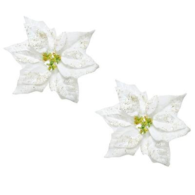 Kerstversiering bloem - 2x stuks - wit glitter - op clip - 20 cm - Decoratiebloemen - kerstversierin