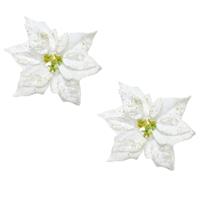 Kerstversiering bloem - 2x stuks - wit glitter - op clip - 20 cm - Decoratiebloemen - kerstversierin