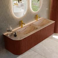 Badmeubel Mondiaz Kurve-Dlux | 145 cm | Meubelkleur Ruby | Wastafelkleur Arena | Solid surface | Dubbel / Rechts spoelbak | 2 kraangaten