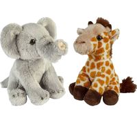 Safari dieren serie pluche knuffels 2x stuks - Olifant en Giraffe van 15 cm - Knuffeldier