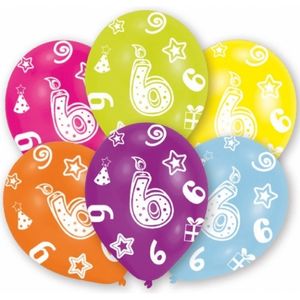 Feestversiering gekleurde ballonnen 6 jaar 6x stuks
