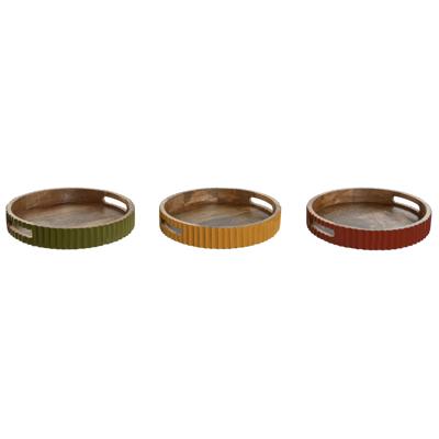 Dienblad Home ESPRIT Geel Groen Koraal Mangohout 30 x 30 x 5 cm (3 Stuks)