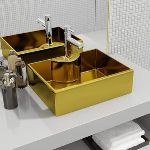 VidaXL Wastafel met kraangat 48x37x13,5 cm keramiek goudkleurig