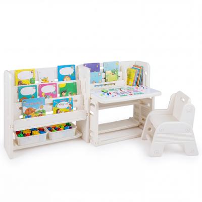 Kinderbureau- en Stoelset Kindertafel met Boekenplanken en Opbergmanden Kantelbaar Tafelblad en Afveegbaar Whiteboard