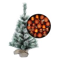 Besneeuwde mini kerstboom/kunst kerstboom 35 cm met kerstballen oranje - thumbnail