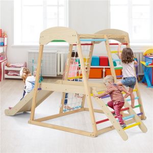 Houten Klimdriehoek voor Kinderen met Glijbaan & Bufferzone Klimrek voor Binnen met Net & Klimladder voor Peuters van 1+