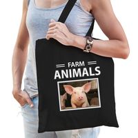 Varken tasje zwart volwassenen en kinderen - farm animals kado boodschappen tas - thumbnail