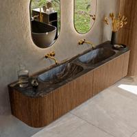 Mondiaz KURVE-DLUX 190 cm Onderkast Greeploos 2 Lades Met Deuren Walnut, Wastafel Solid Surface Dubbel Lava 0 Kraangaten Zonder Spiegel (KRVSTS190L+R2L2D0KD-Wal/Lav)