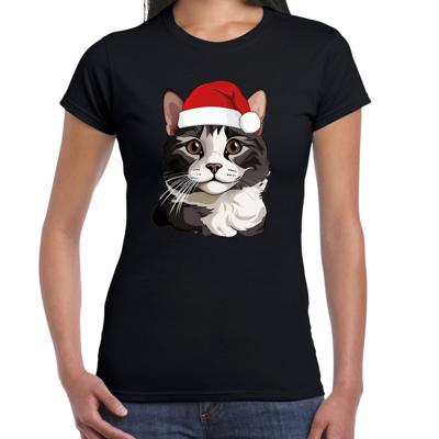 Kerst T-shirt voor dames - grijze kat/poes met kerstmuts - zwart - Kerstfeest Kerst T-shirt voor dames - grijze kat/poes met kerstmuts - zwart - Kerstfeest
