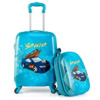 2-delige Kinderkoffer Set Kinderbagage met Wielen 16" Handbagage & 13" Harde Rugzak Blauw Auto