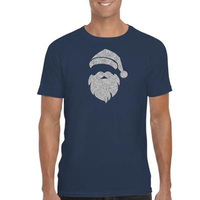 Kerst T-shirt voor heren - Kerstman hoofd - blauw - glitter zilver - Kerstkleding