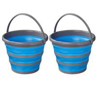Opvouwbare/inklapbare emmer blauw/grijs - 2x stuks - 10 liter - Vis emmers - Camping emmer - Strand