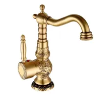 Antiek Messing Waskomkraan - Gegraveerd | Enkel Handvat | Warm & Koud Water