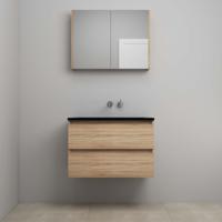 On-Line Badkamermeubelset - 80 cm - Voorgemonteerd - Ladestructuur - Acryl Wastafel - zonder Kraangat - Spiegelkast - Eiken